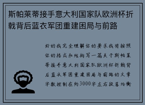 斯帕莱蒂接手意大利国家队欧洲杯折戟背后蓝衣军团重建困局与前路 斯帕莱蒂接手意大利国家队欧洲杯折戟背后蓝衣军团重建困局与前路